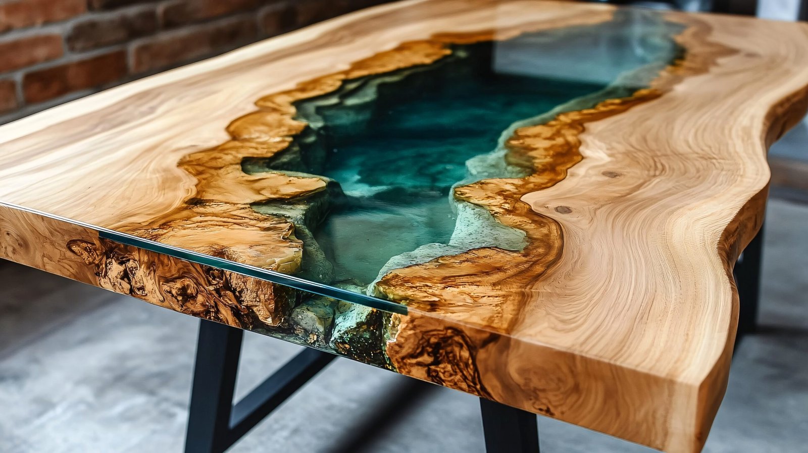 Modern expensive coffee table made of natural wood and turquoise epoxy resin in a beautiful loft interior