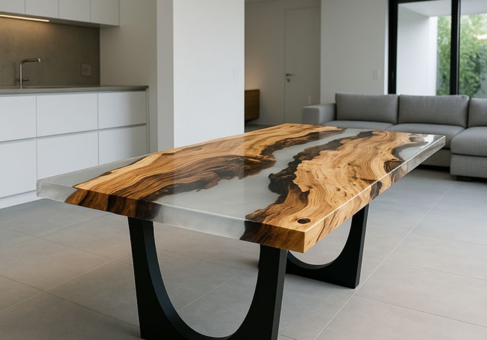 Il nostro configuratorTavolo in legno e resina trasparente con dettagli in legno naturalee Configura il tuo tavolo resina e legno - scegli dimensioni e colori della resina