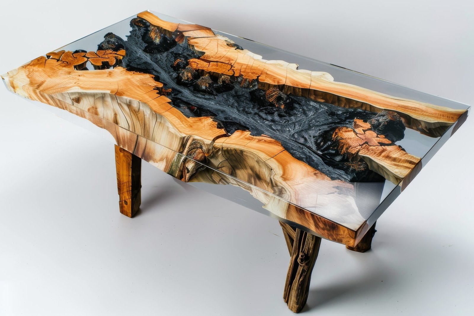 Handmade Wood Epoxy Resin Table Isolated, Epoxy Art Furniture on White Background, Copy Space, Generative AI Illustration