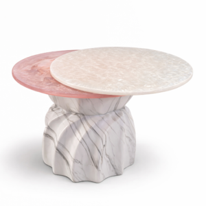 Catalogo Tavolino rotondo doppio in resina bianco perlato e rosa con base effetto marmo